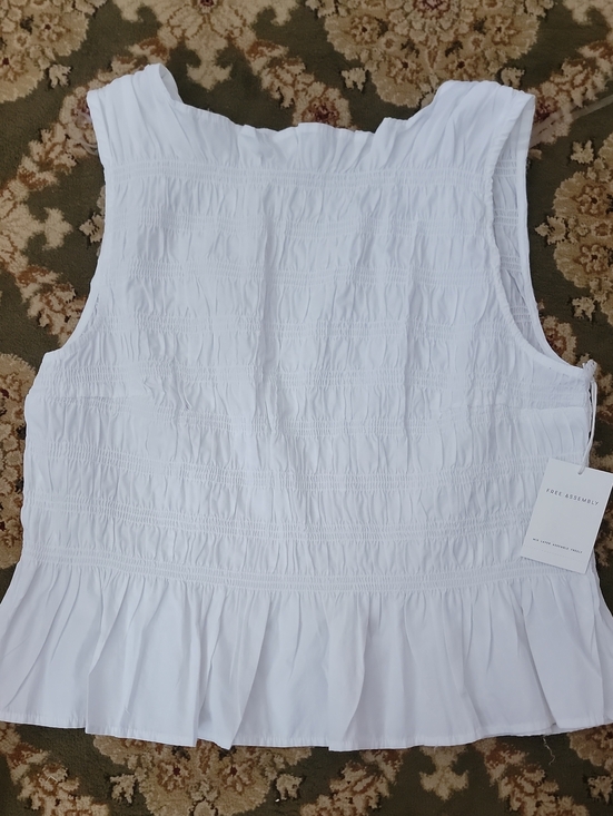 Free Assembly Tops - White Smocked Sleeveless Ruffle Hem Blouse